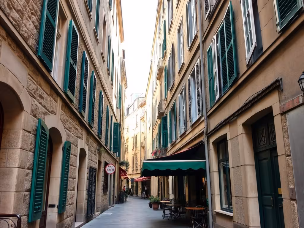 Rue parisienne historique avec café terrasse et architecture typique des quartiers de Paris