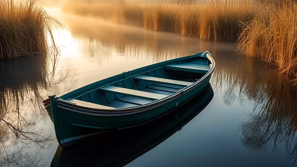 Barque verte traditionnelle amarrée sur les canaux du Marais Poitevin au coucher de soleil, département 79