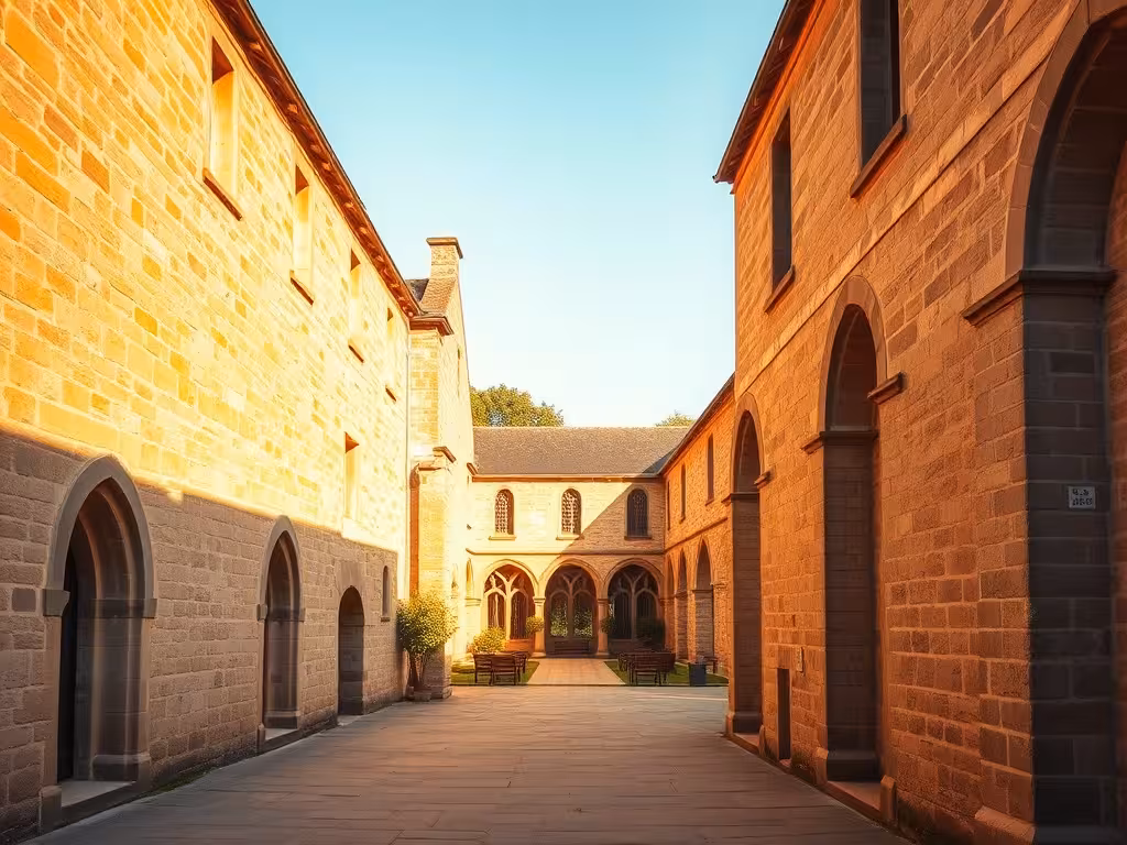 Abbaye médiévale des Deux-Sèvres en pierre romane éclairée par la lumière dorée du coucher de soleil