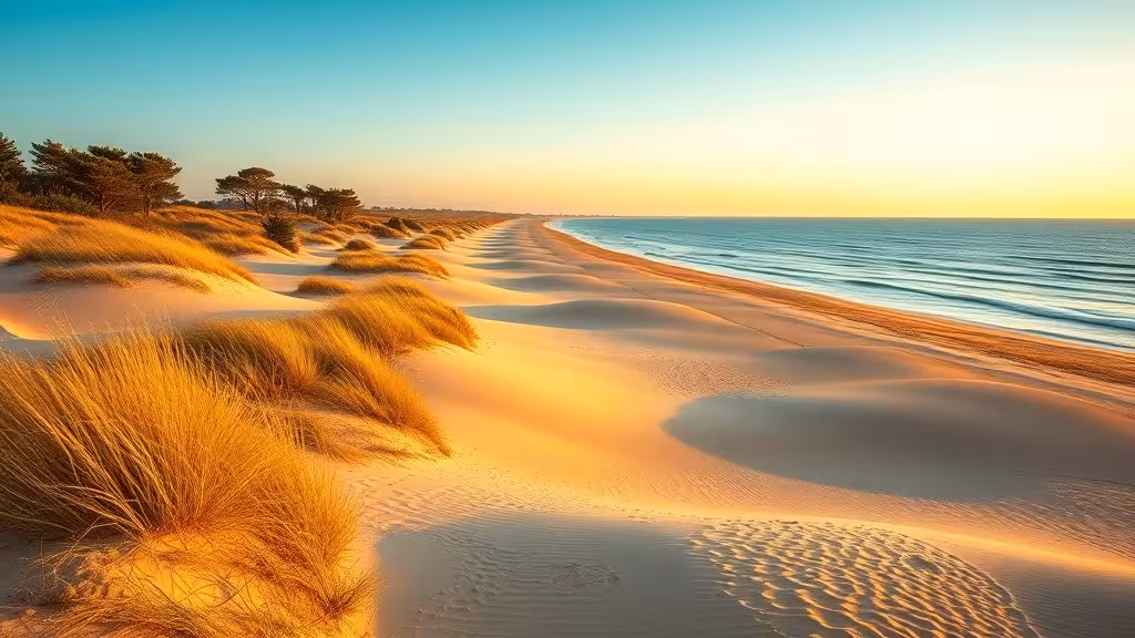 Plage vendéenne avec dunes côtières et pins, littoral du département 85