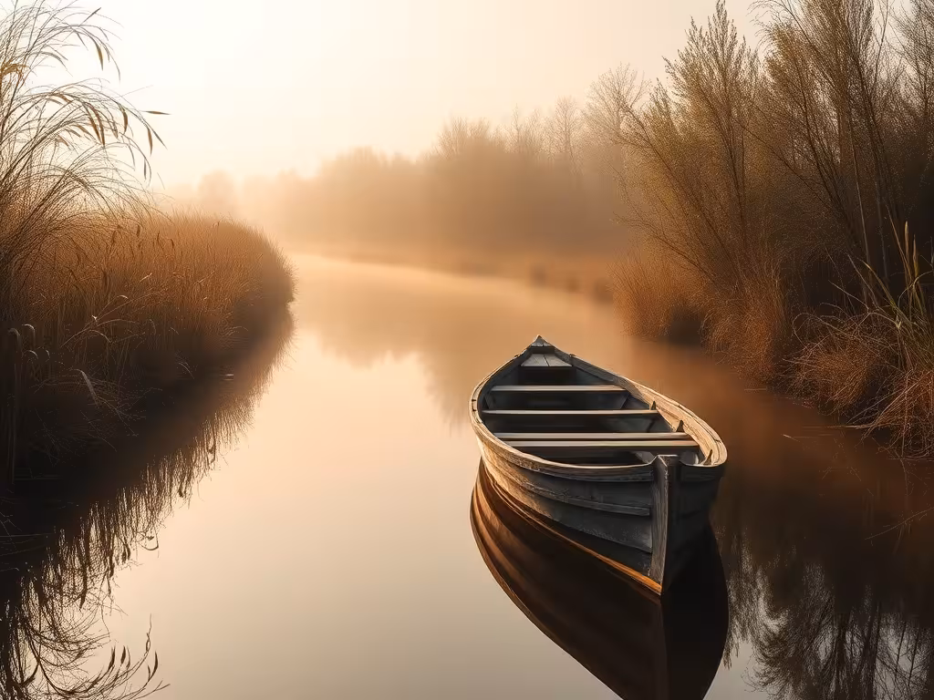 Barque dans le Marais poitevin, canaux et roseaux, département 85
