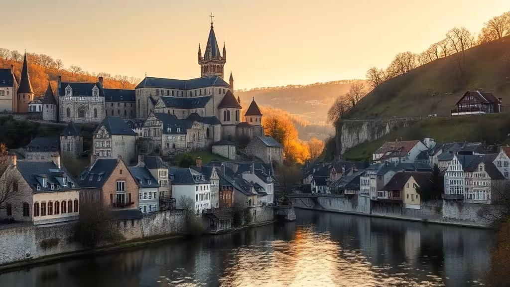 La cathédrale Saint-Étienne d'Auxerre surplombant l'Yonne au coucher du soleil, patrimoine du département 89