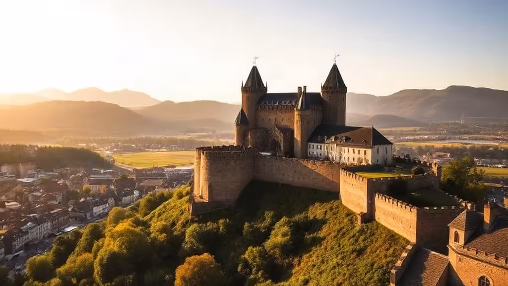 Citadelle de Belfort en lumière dorée avec les Vosges en arrière-plan, vue d'ensemble du Territoire de Belfort