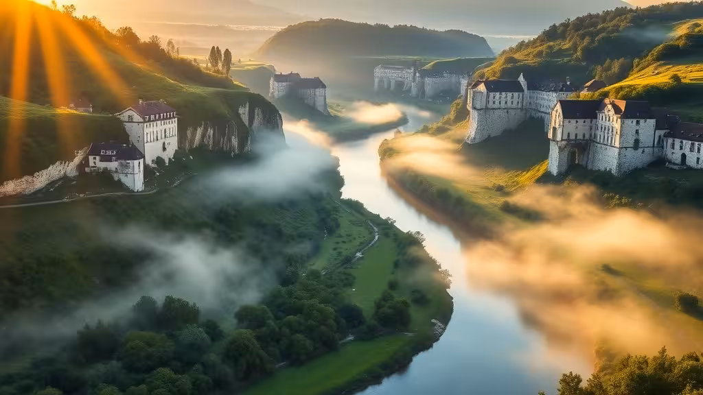 La rivière Oise serpente entre les falaises crayeuses du Val-d'Oise sous la lumière dorée du coucher de soleil