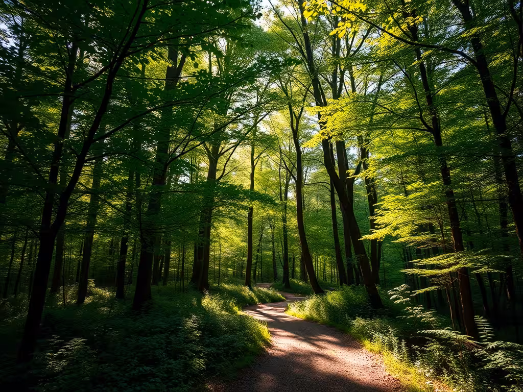 Sentier de randonnée ombragé à travers forêt dense du Val-d'Oise, lumière filtrée par la canopée