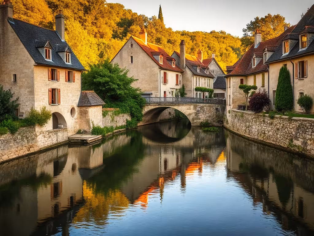 Village pittoresque du Val-d'Oise en bord de rivière avec maisons de pierre se reflétant dans l'eau calme, pont de pierre ancien