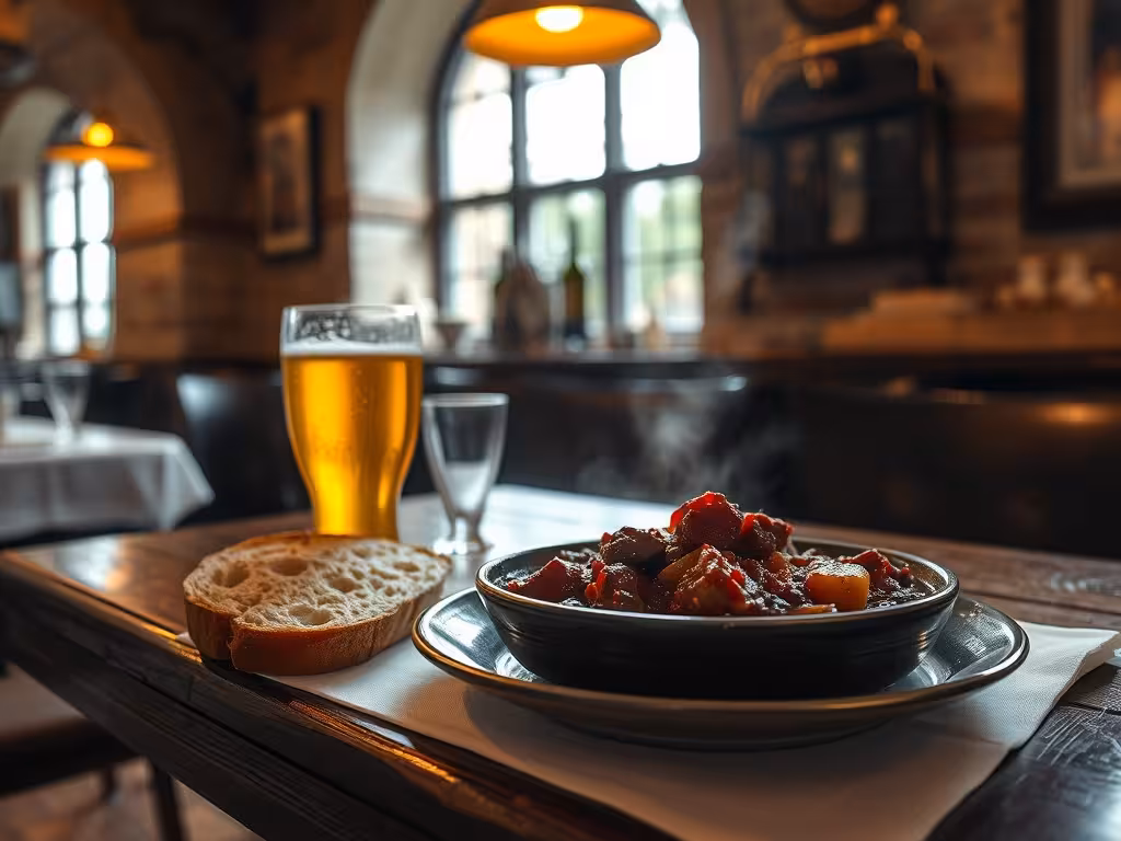 Table dressée dans un estaminet lillois avec carbonnade et pain, ambiance chaleureuse