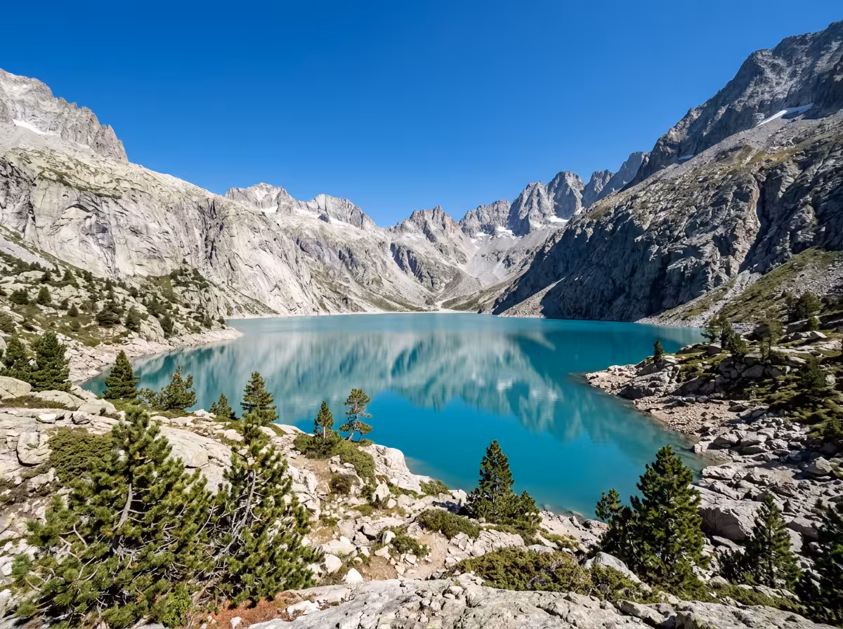 Lac de Melo dans les Gorges de la Restonica, eau turquoise et parois de granit
