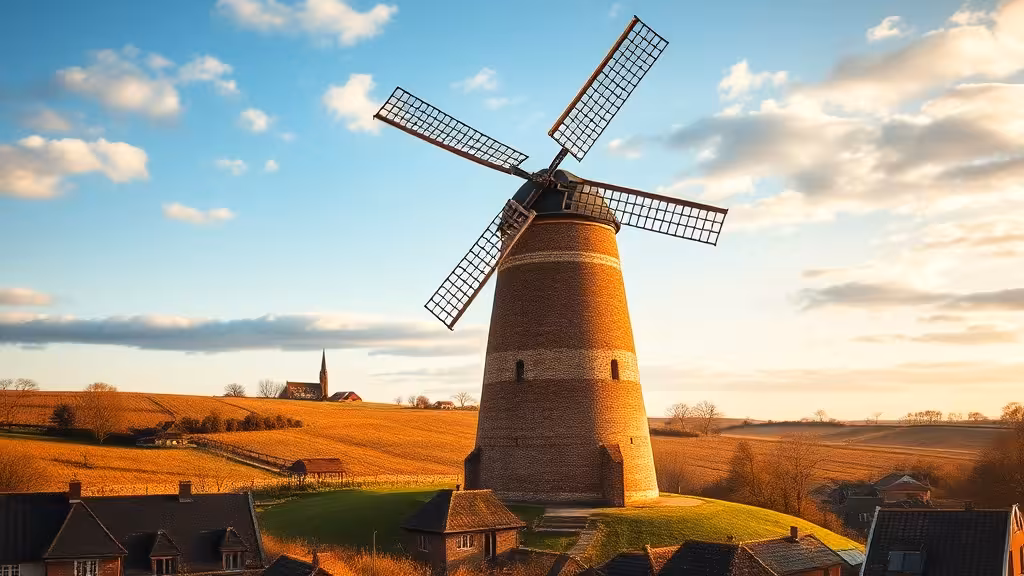 Le Sint-Jansmolen, le plus ancien moulin à vent de Hondschoote, éclairé à la lumière dorée.