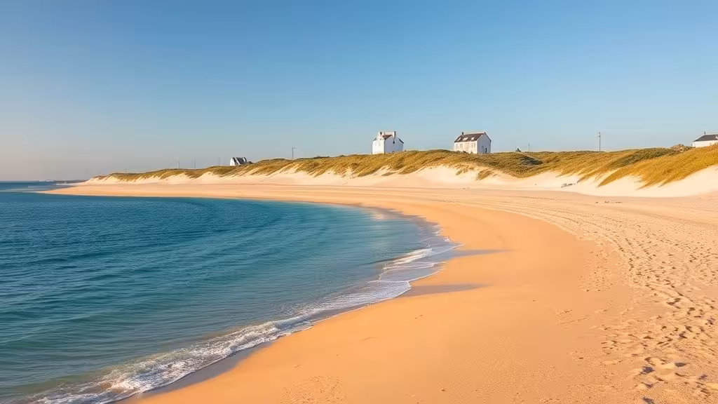 Vue panoramique d'une plage de l'Île de Ré avec maisons blanches et volets colorés