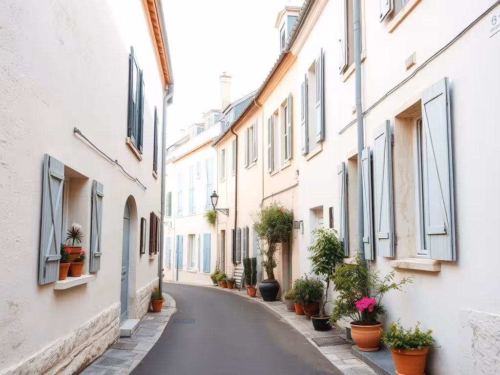 Rue typique d'un village de l'Île de Ré avec façades blanches et volets colorés