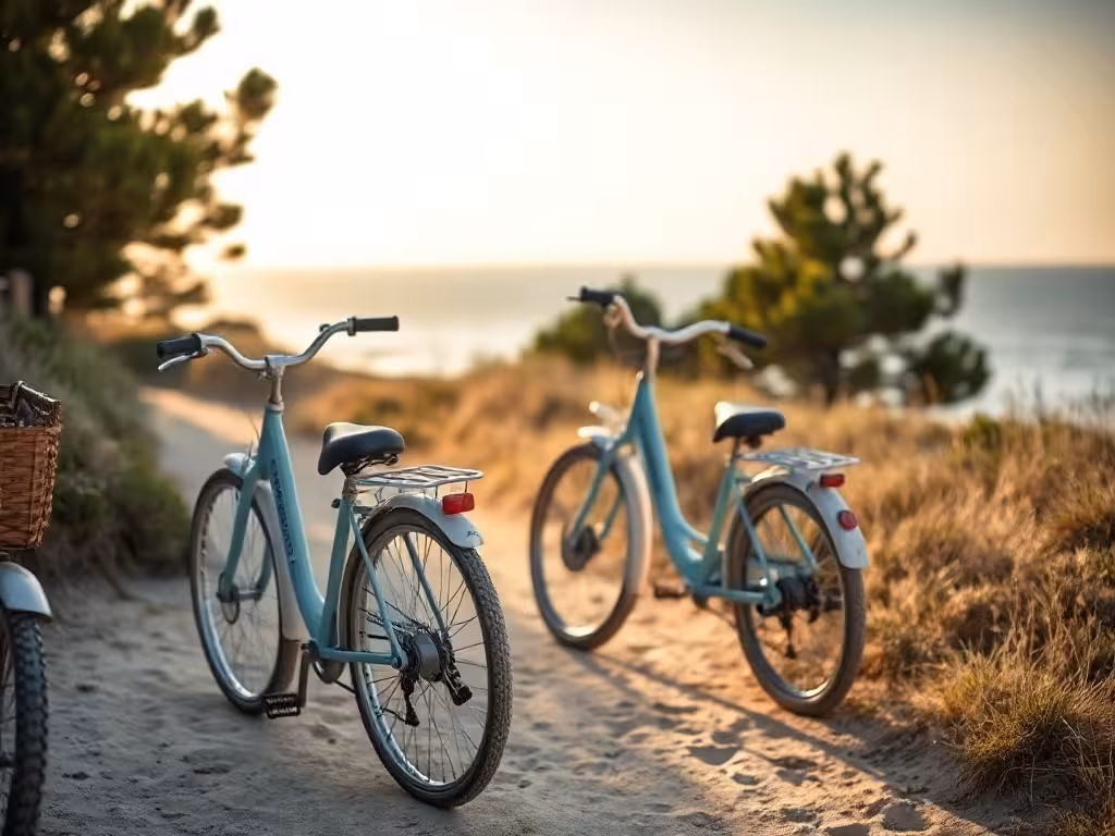 Vélos garés sur la piste cyclable côtière de l'Île de Ré avec vue sur la mer