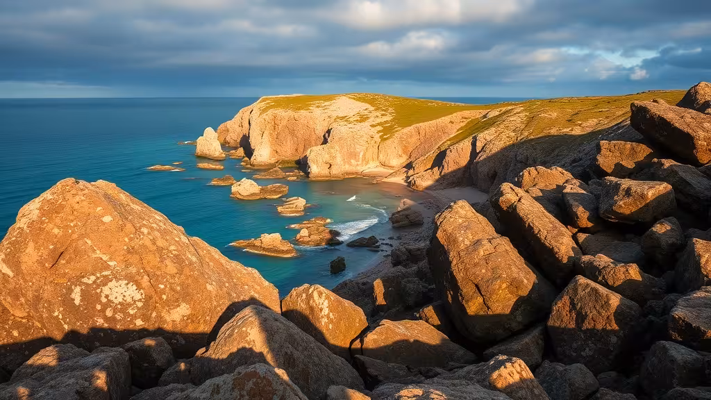 Vue d'ensemble de la presqu'île Renote en Trégor, formations granitiques roses et côte sauvage bretonne