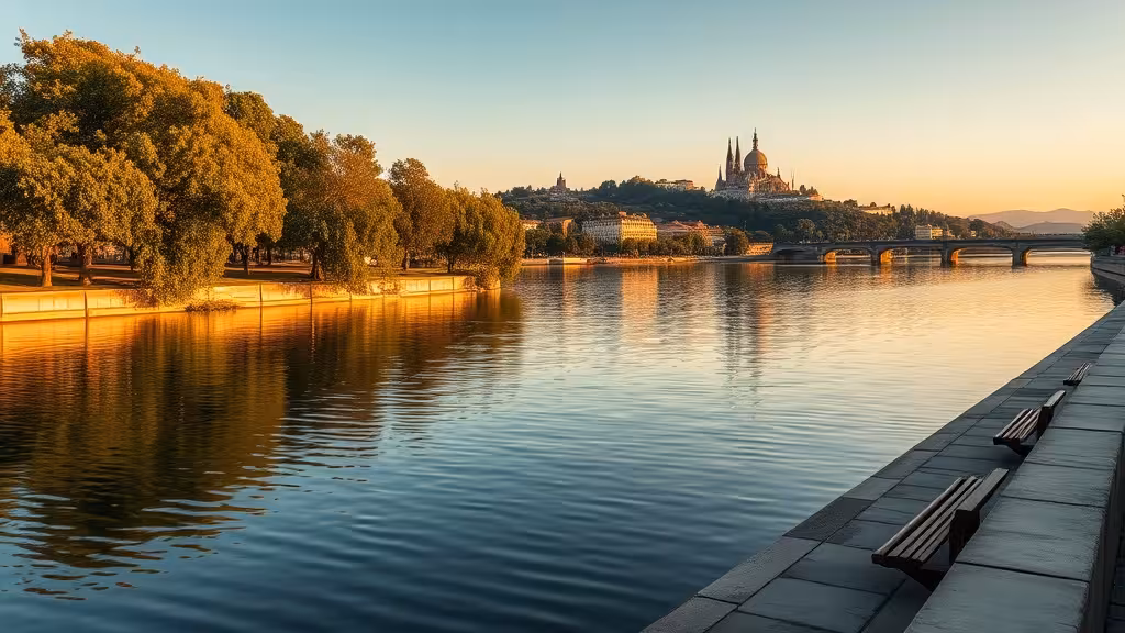 Vue du lac de la Tête d'Or à Lyon au coucher de soleil avec reflets de la basilique Fourvière