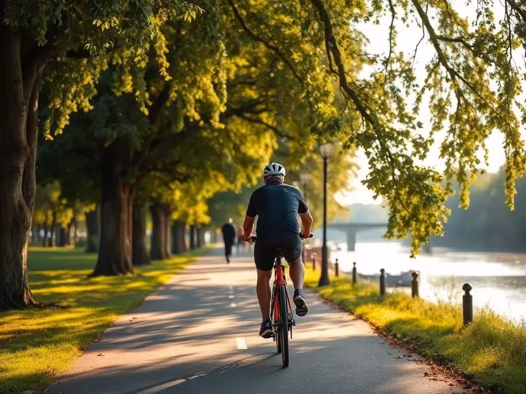 Cycliste en mouvement sur piste cyclable le long de la Saône à Lyon, ombrage naturel et lumière douce