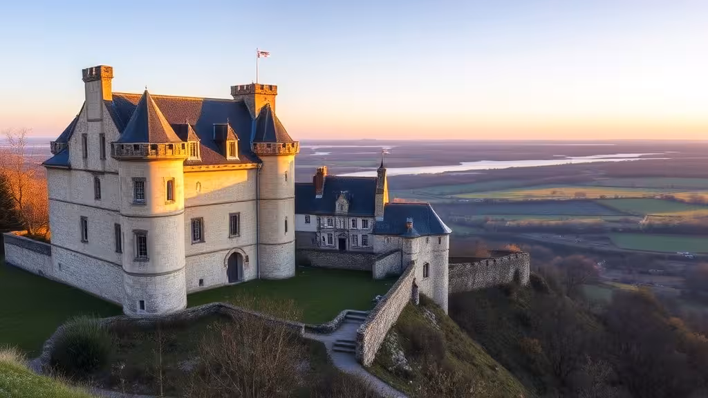 Le château de La Roche-Jagu photographié de face avec l'estuaire du Trieux en arrière-plan