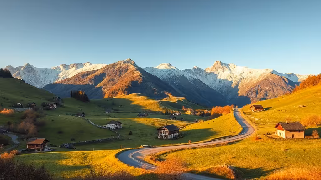 Paysage alpin au coucher du soleil, chalets et vallée verdoyante, symbolisant la diversité des paysages français par région et département.