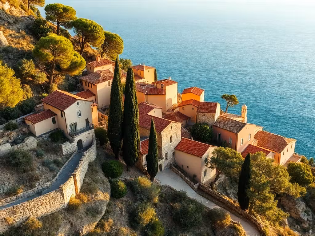 Village côtier provençal surplombant la Méditerranée, illustrant la diversité régionale des départements français.