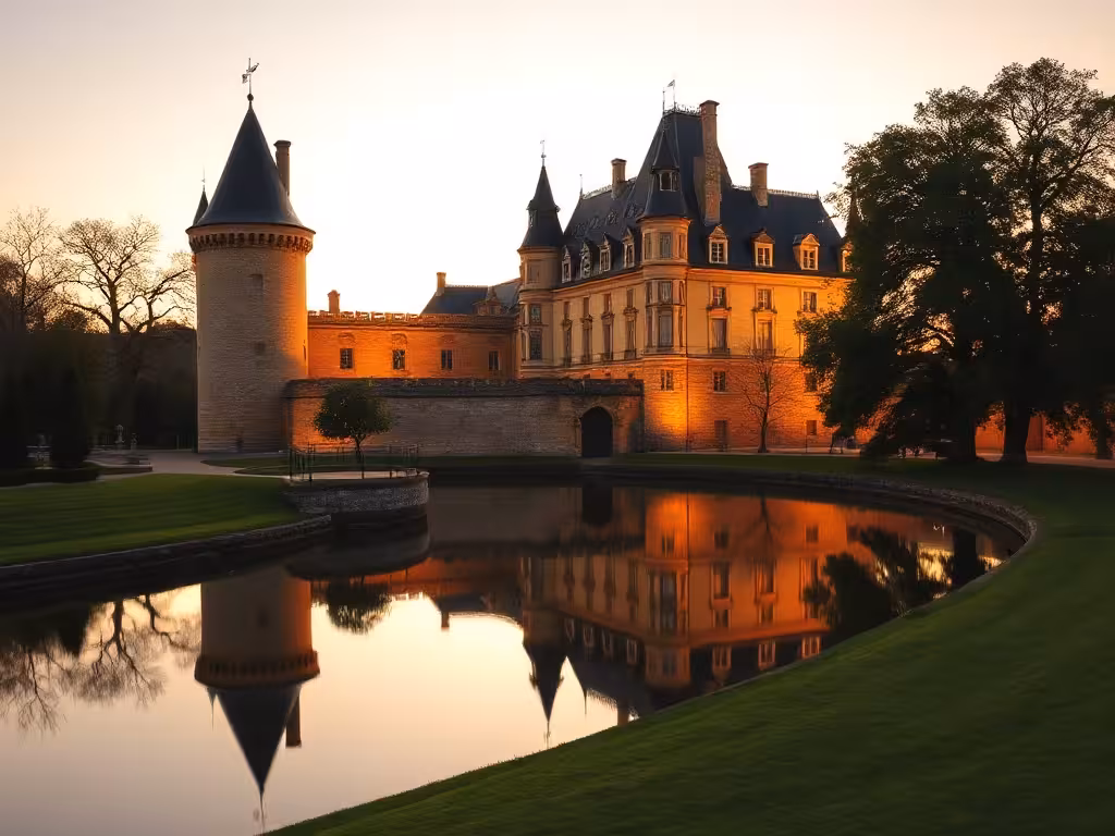 Château Renaissance au coucher du soleil, destination emblématique pour découvrir le patrimoine des départements français.