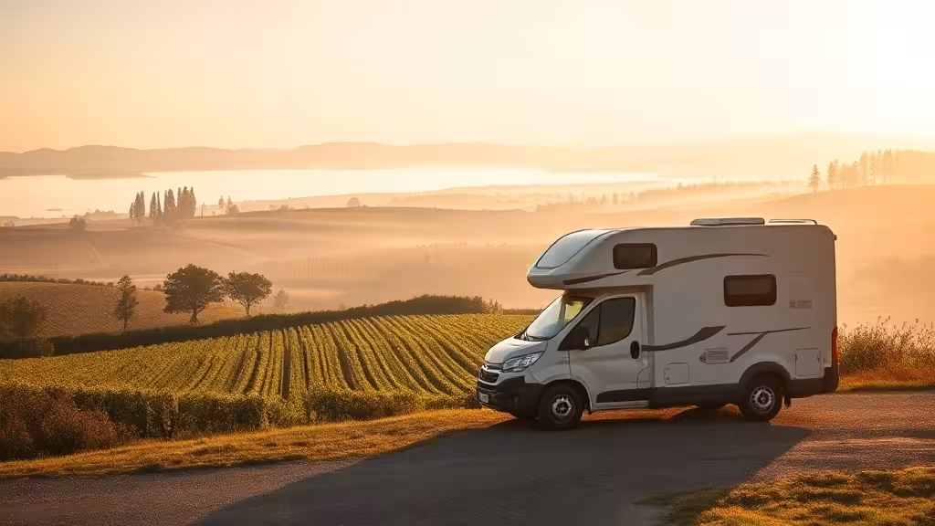 Location camping-car Bordeaux avec fourgon stationné face aux vignobles de Gironde