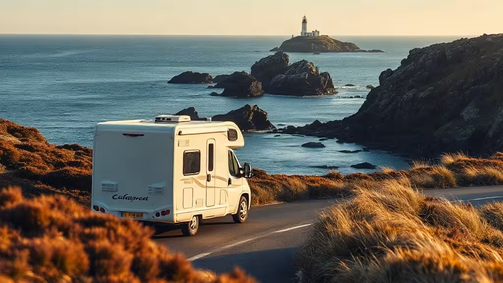 Location camping-car Bretagne sur une route côtière face à une crique rocheuse.