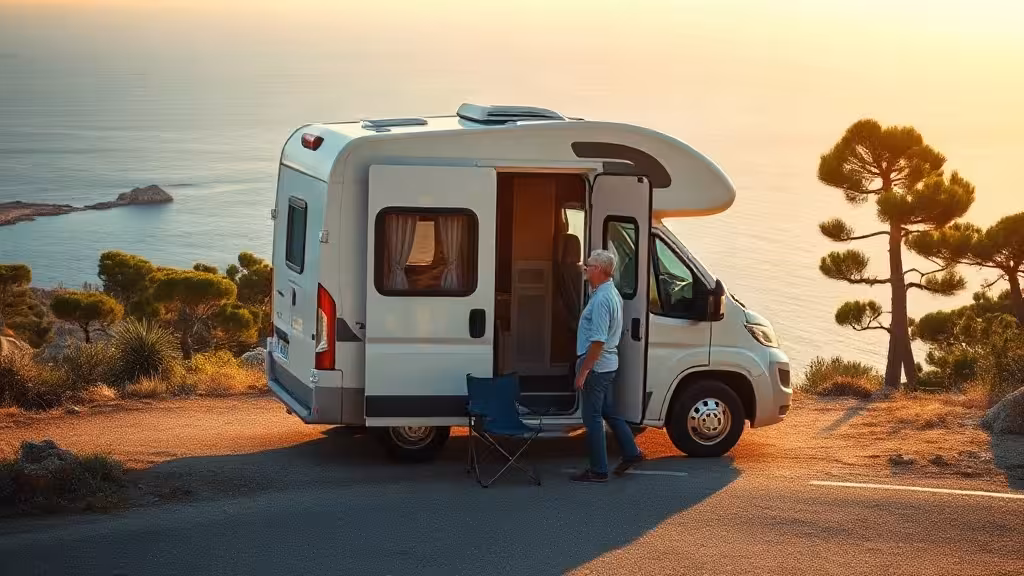 Location camping-car week-end sur une route côtière avec vue sur une crique méditerranéenne.