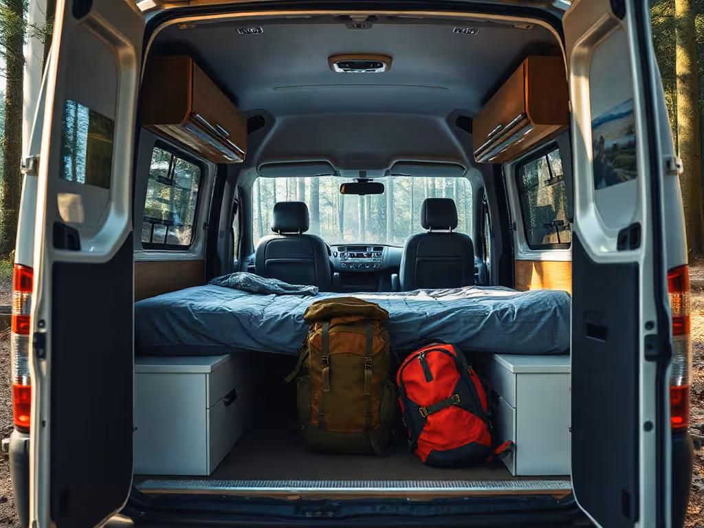 Intérieur pratique d’un van aménagé en location pour choisir le bon véhicule.