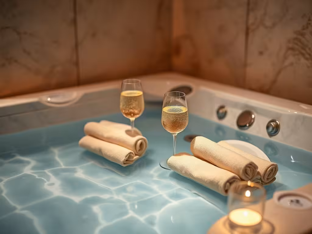 Jacuzzi privatif avec bougies et service champagne dans une love room côte d'Opale.