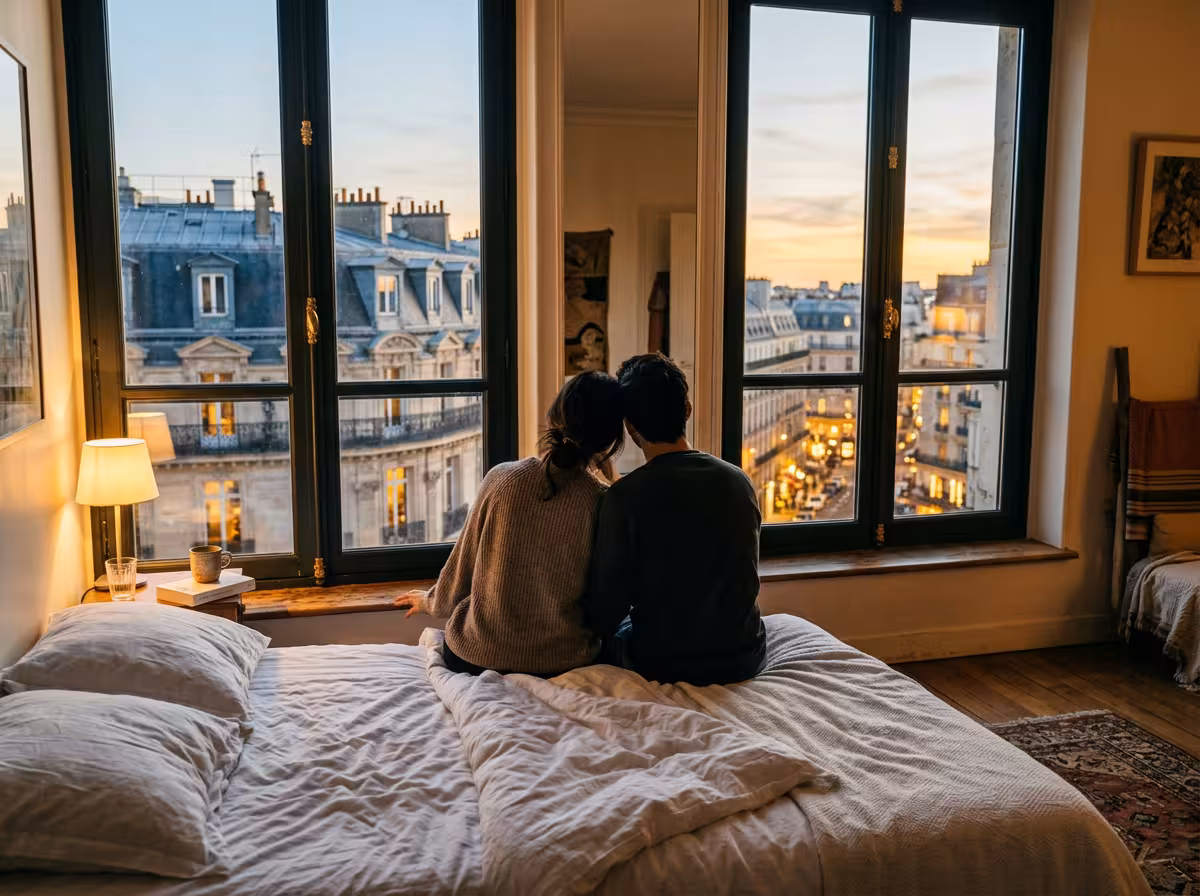 Moment d'intimité entre amoureux dans une chambre d'hôtel du Mans en soirée