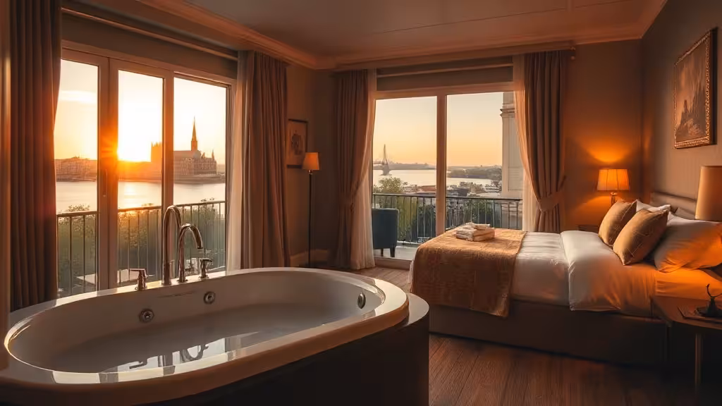 Chambre d'hôtel romantique avec jacuzzi, vue de la cathédrale de Rouen au crépuscule