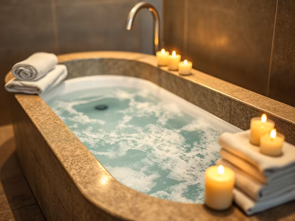 Jacuzzi privatif avec bougies et serviettes dans salle de bain luxueuse