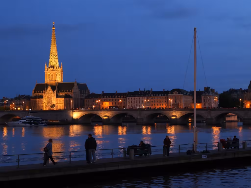 Rouen au coucher de soleil : la cathédrale gothique illuminée au bord de la Seine