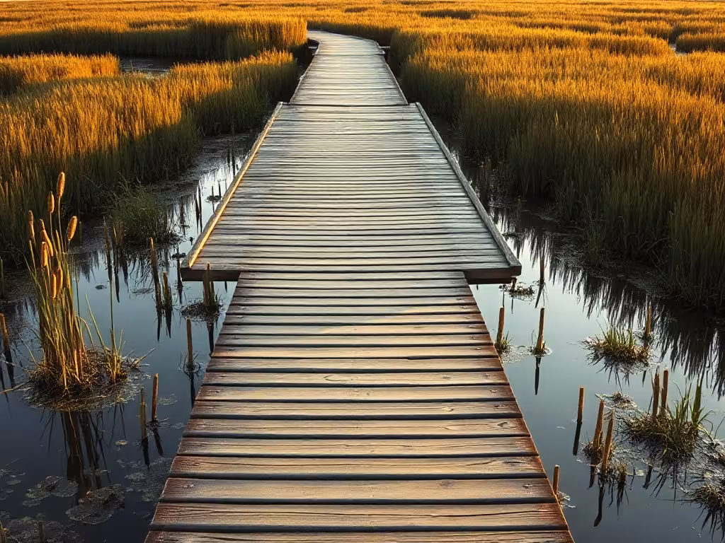 Passerelle traversant les zones humides du Parc de la Deûle, avec roseaux et végétation humide