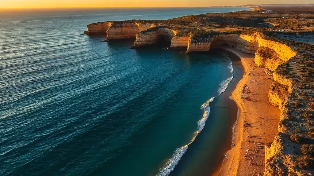 Vue aérienne de Narbonne-Plage au coucher de soleil, eaux turquoise et plage de sable doré.