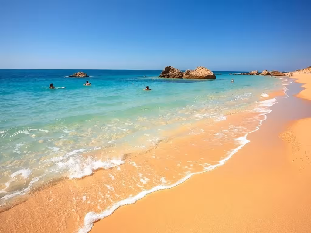 Plage de Narbonne-Plage avec eaux cristallines turquoise et sable fin, ambiance baignade méditerranéenne.