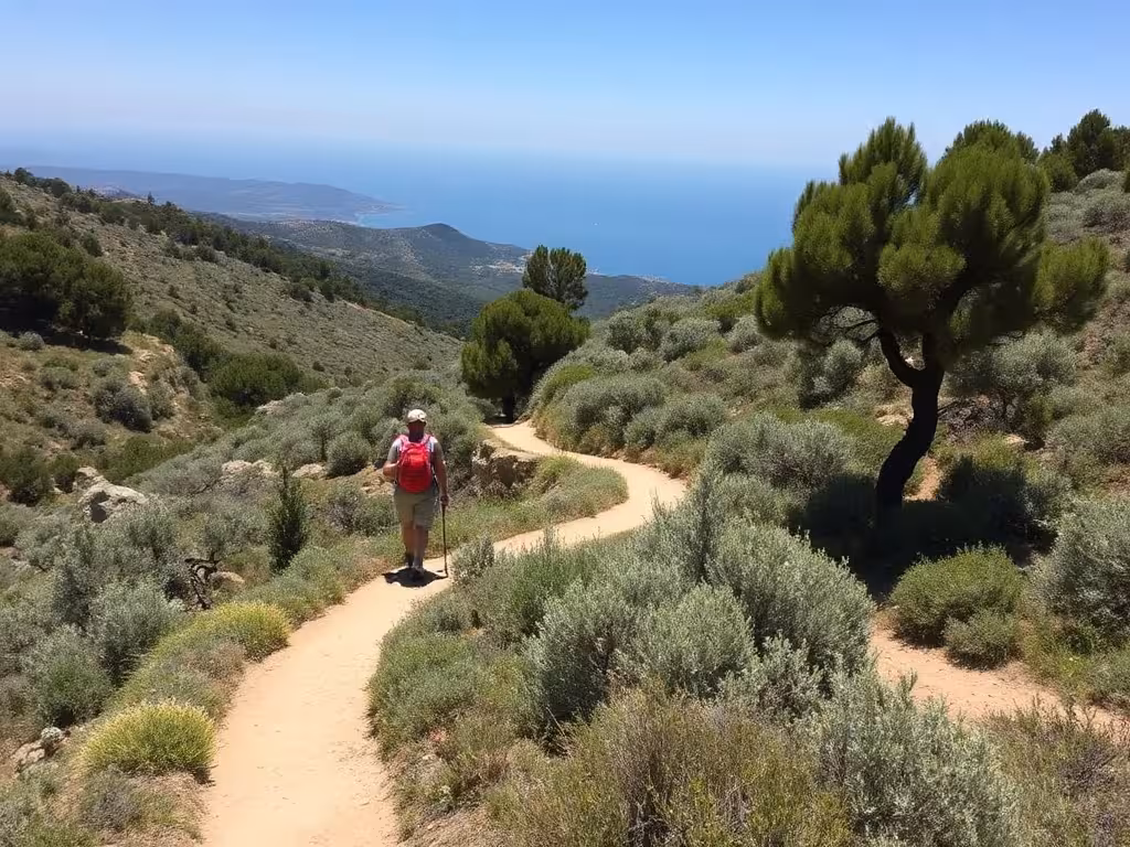 Sentier de randonnée dans le massif de la Clape, garigues méditerranéennes et vue sur la mer.