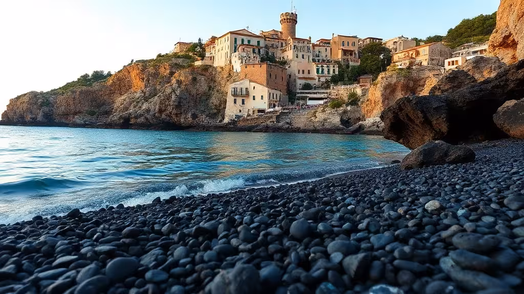La plage de galets noirs de Nonza face au village perché et sa tour génoise dominant la baie méditerranéenne.