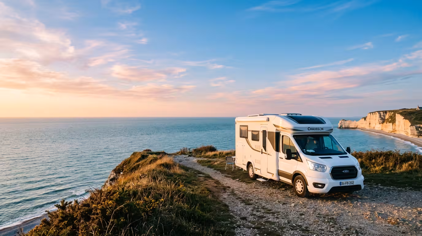 Camping-car en Normandie face à la mer avec vue sur les falaises blanches au coucher de soleil