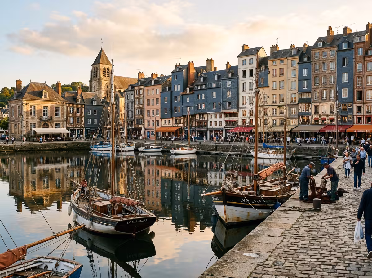 Vieux port de Honfleur en Normandie avec ses façades colorées et bateaux typiques