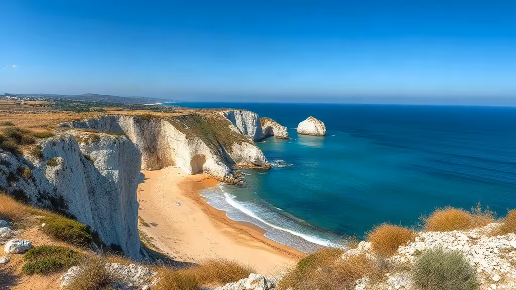 Falaises côtières blanches et plage dorée face à une mer turquoise, destination pour partir en France la semaine prochaine