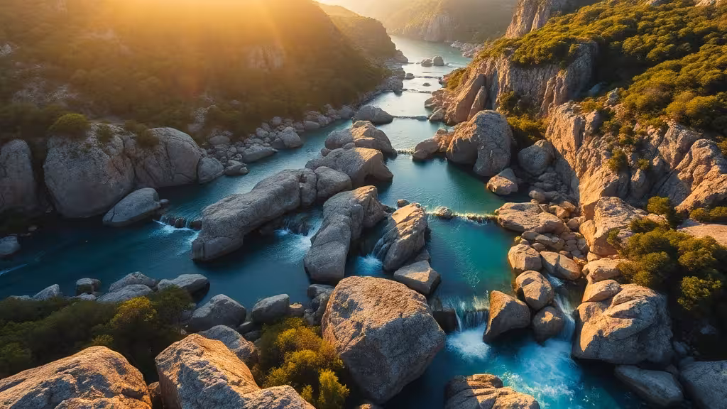 Vallée du Fango en Corse avec ses piscines naturelles turquoise, roches granitiques et forêt méditerranéenne