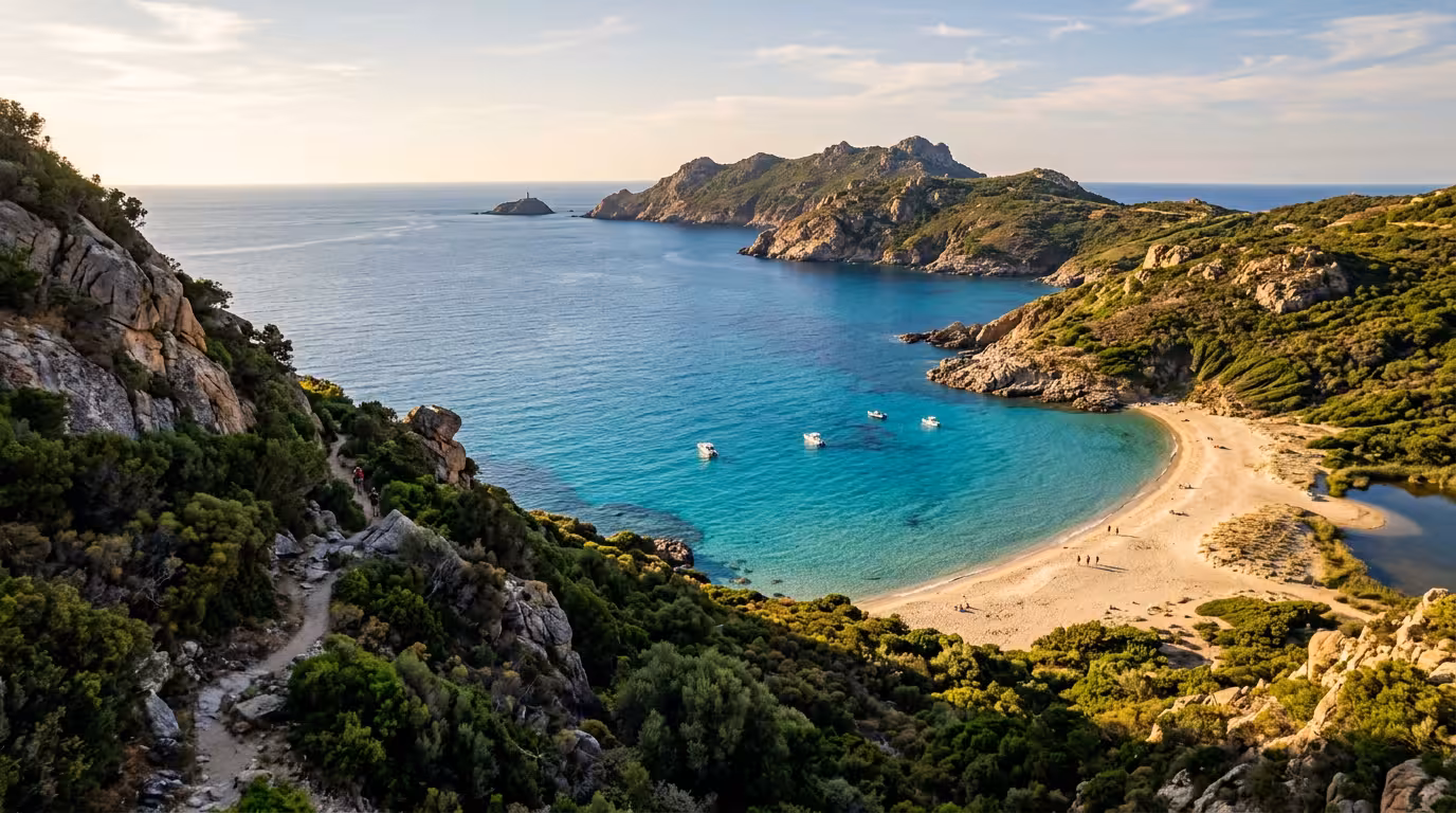 Vue aérienne de la plage de Barcaggio, eau turquoise, falaises de granite, Cap Corse.