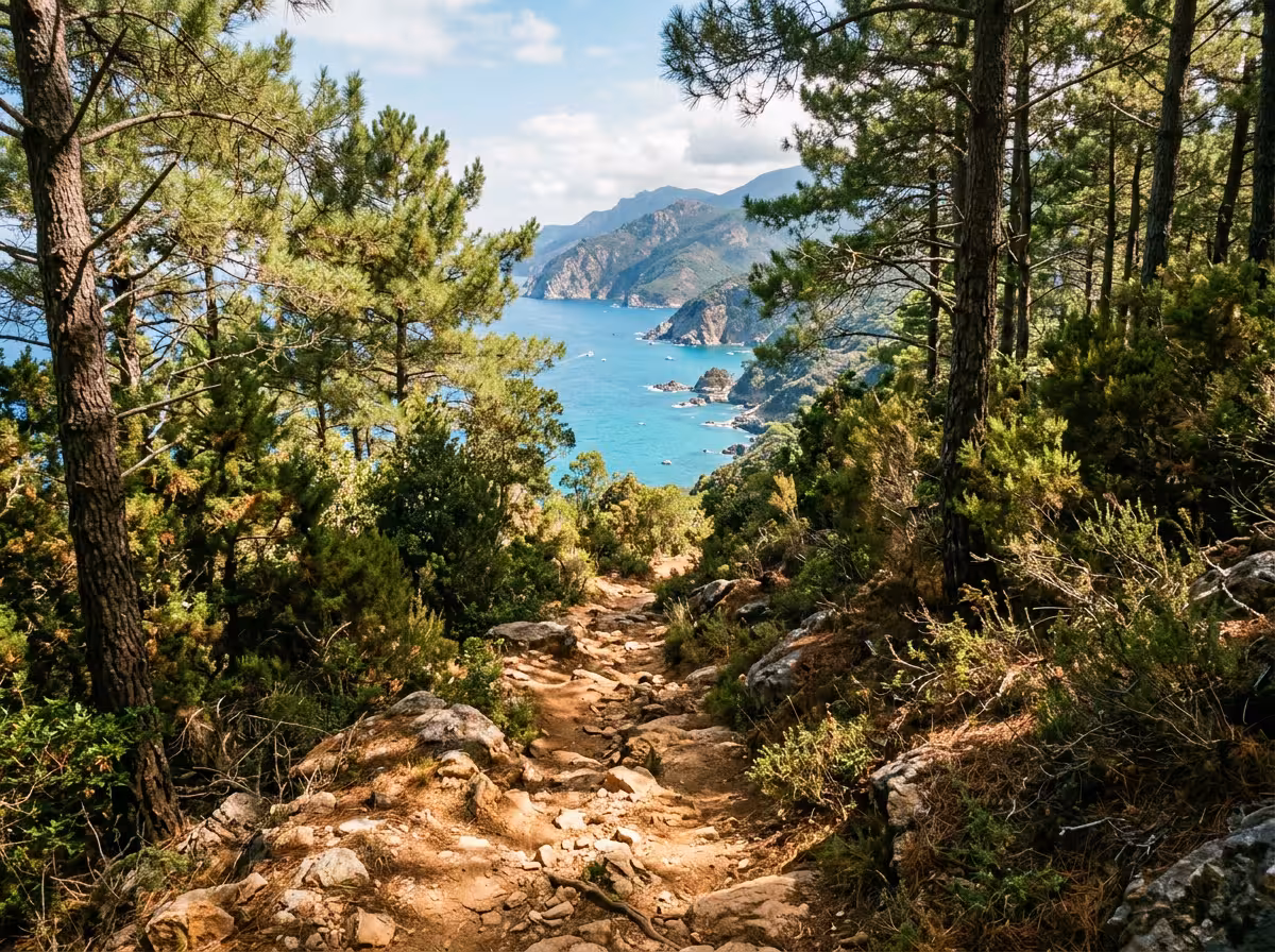 Sentier de randonnée côtier entre Macinaggio et Barcaggio, forêt et maquis corse.