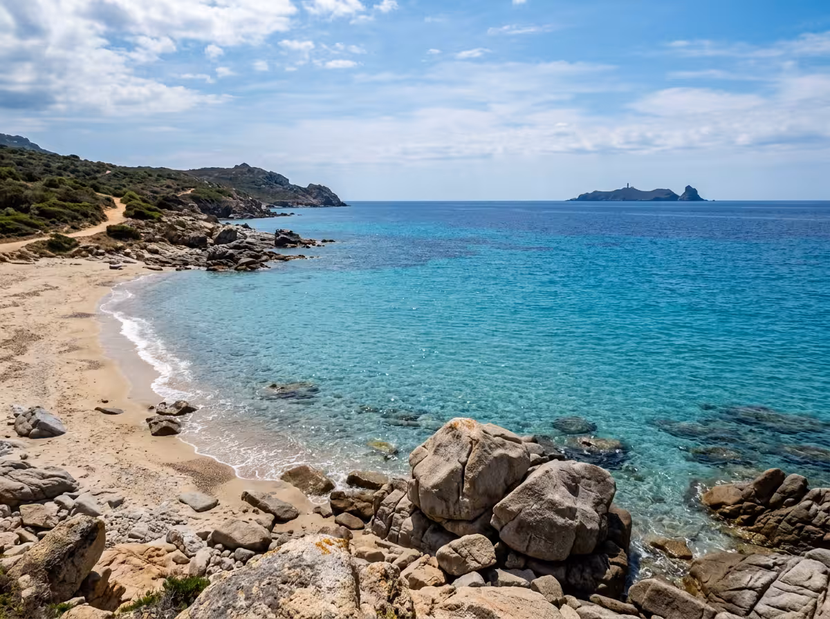 Panorama depuis la plage de Barcaggio vers la Giraglia, eau méditerranéenne cristalline.