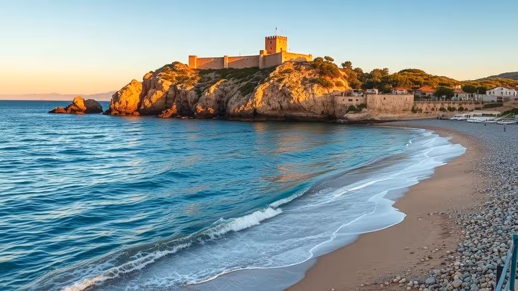Plage de Farinole en Corse : eaux turquoise, plage de galets et tour génoise au coucher du soleil