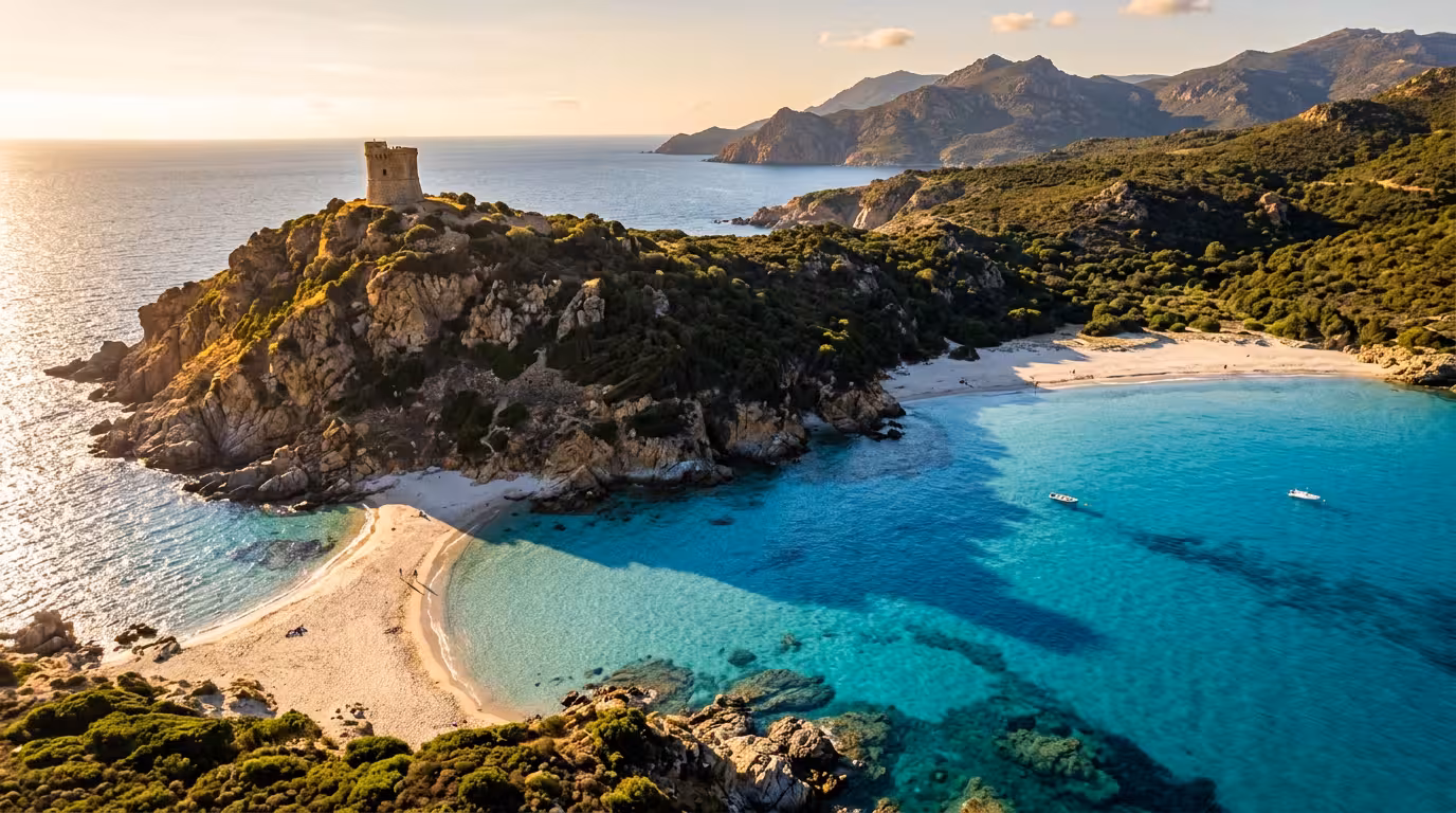 Plage de Fautea vue du ciel avec ses deux criques de sable fin et eau turquoise méditerranéenne