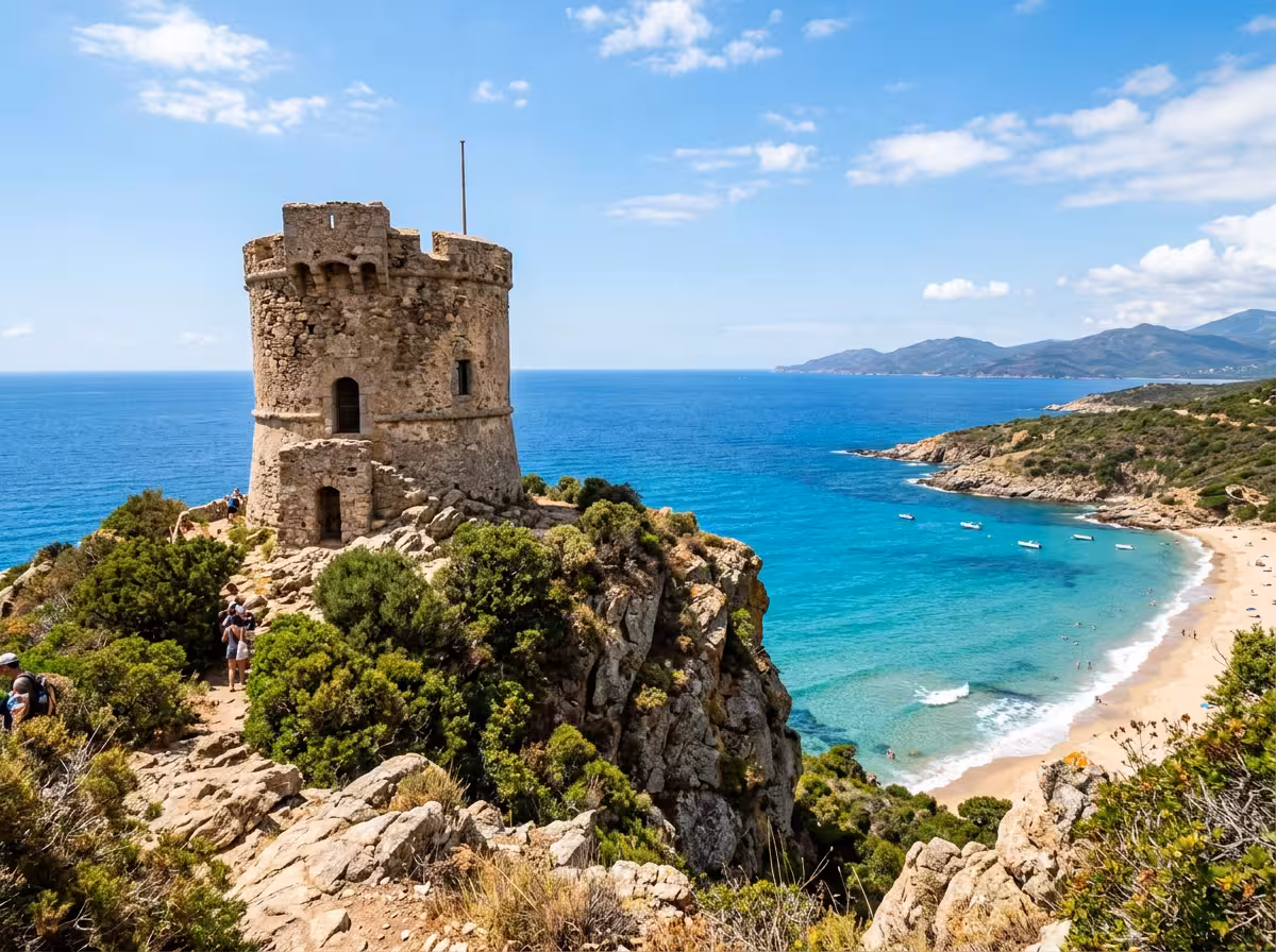 Tour génoise de Fautea dominant les deux anses de plage et la mer turquoise