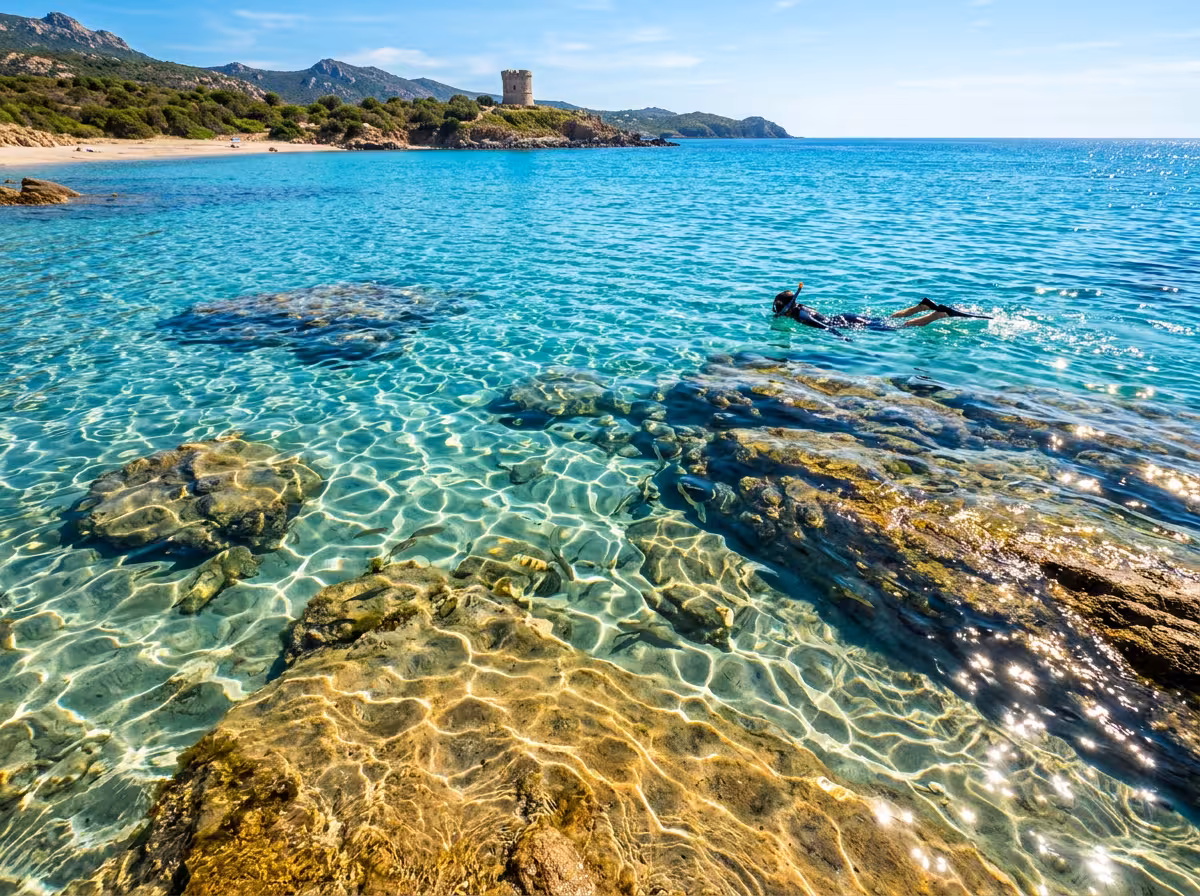 Eau turquoise de la plage de Fautea avec fonds sableux et rochers visibles en transparence