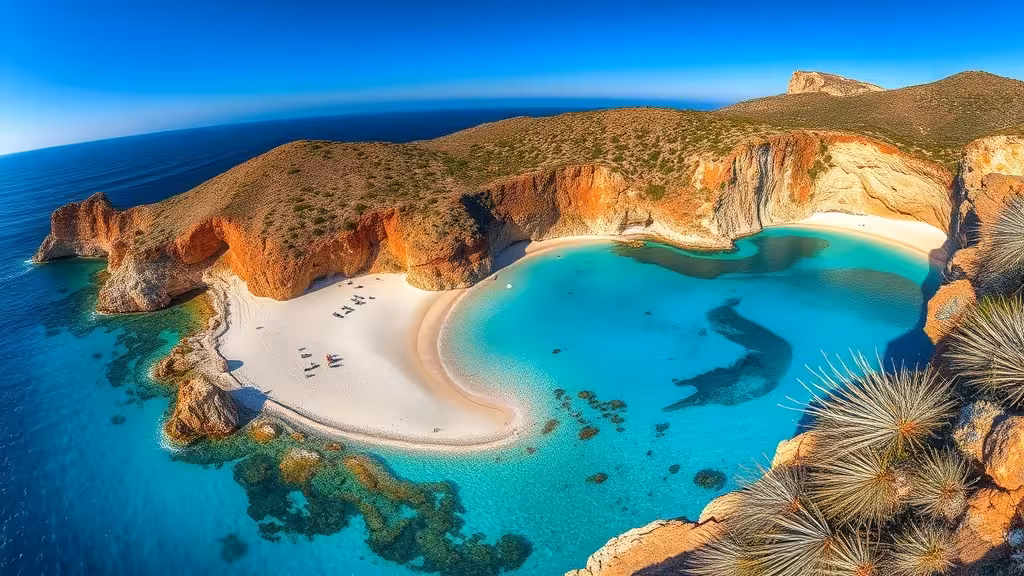Vue aérienne de la plage de Ghjunchitu, crique turquoise encadrée par les falaises rocheuses du Désert des Agriates en Corse