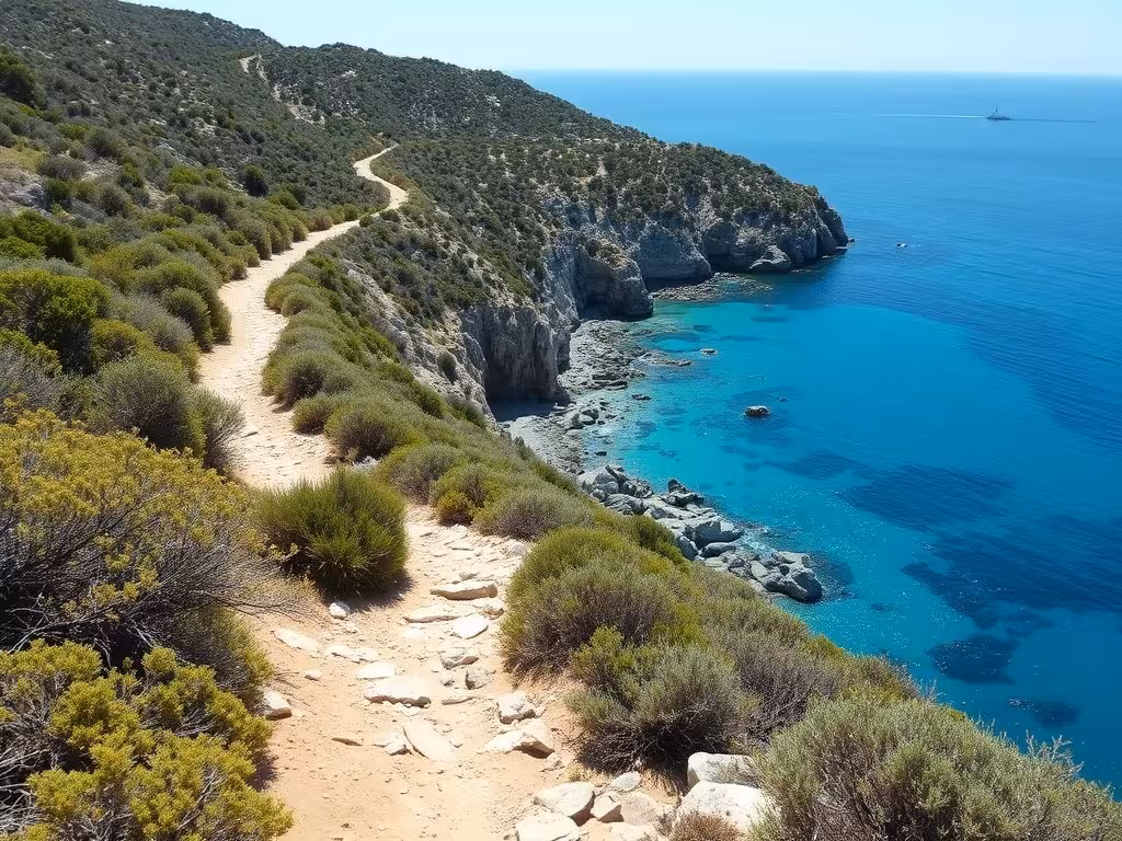 Sentier de randonnée descendant vers la crique de Ghjunchitu, maquis méditerranéen, vue panoramique sur la baie turquoise